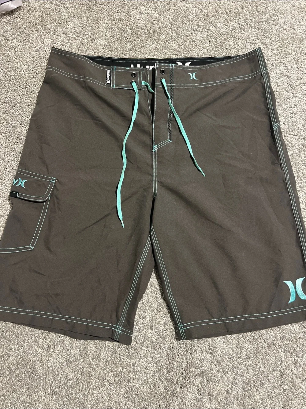 Hurley Men’s Charcoal Board Shorts with Teal Drawcords